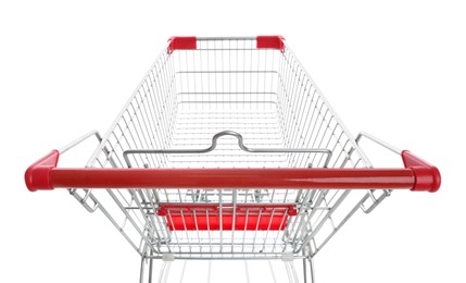 Photo of Empty metal shopping cart on white background