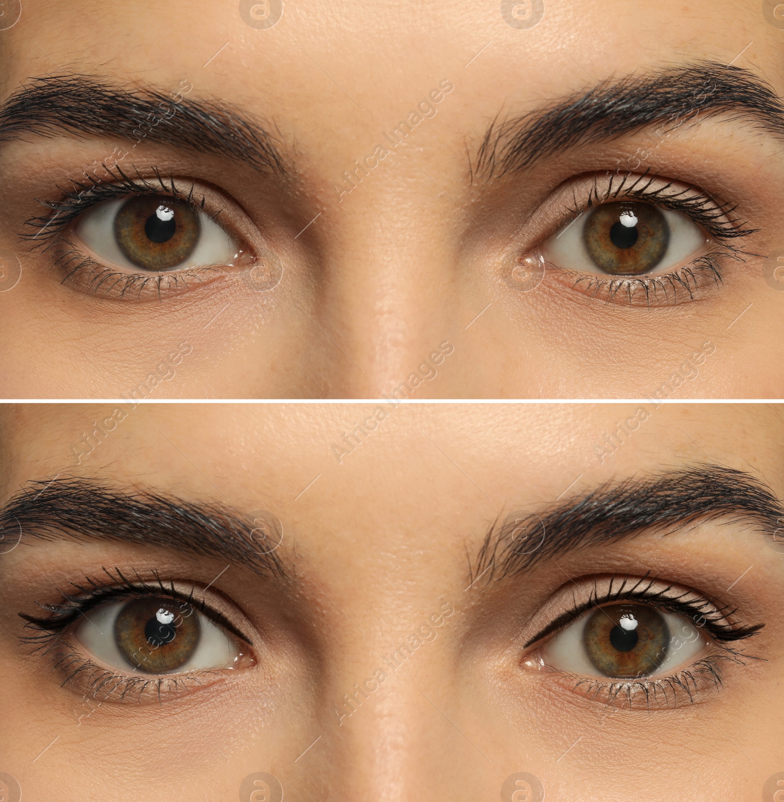 Image of Collage with photos of young woman before and after getting permanent eyeliner makeup, closeup