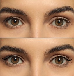 Image of Collage with photos of young woman before and after getting permanent eyeliner makeup, closeup