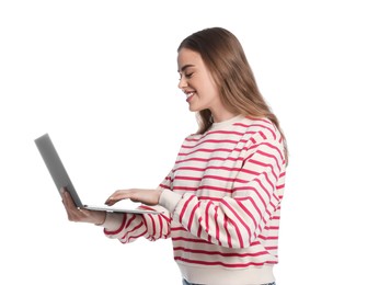 Happy woman with laptop on white background