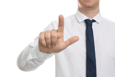 Photo of Businessman touching something against white background, focus on hand