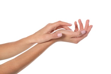 Photo of Woman with wet hands on white background, closeup. Spa treatment