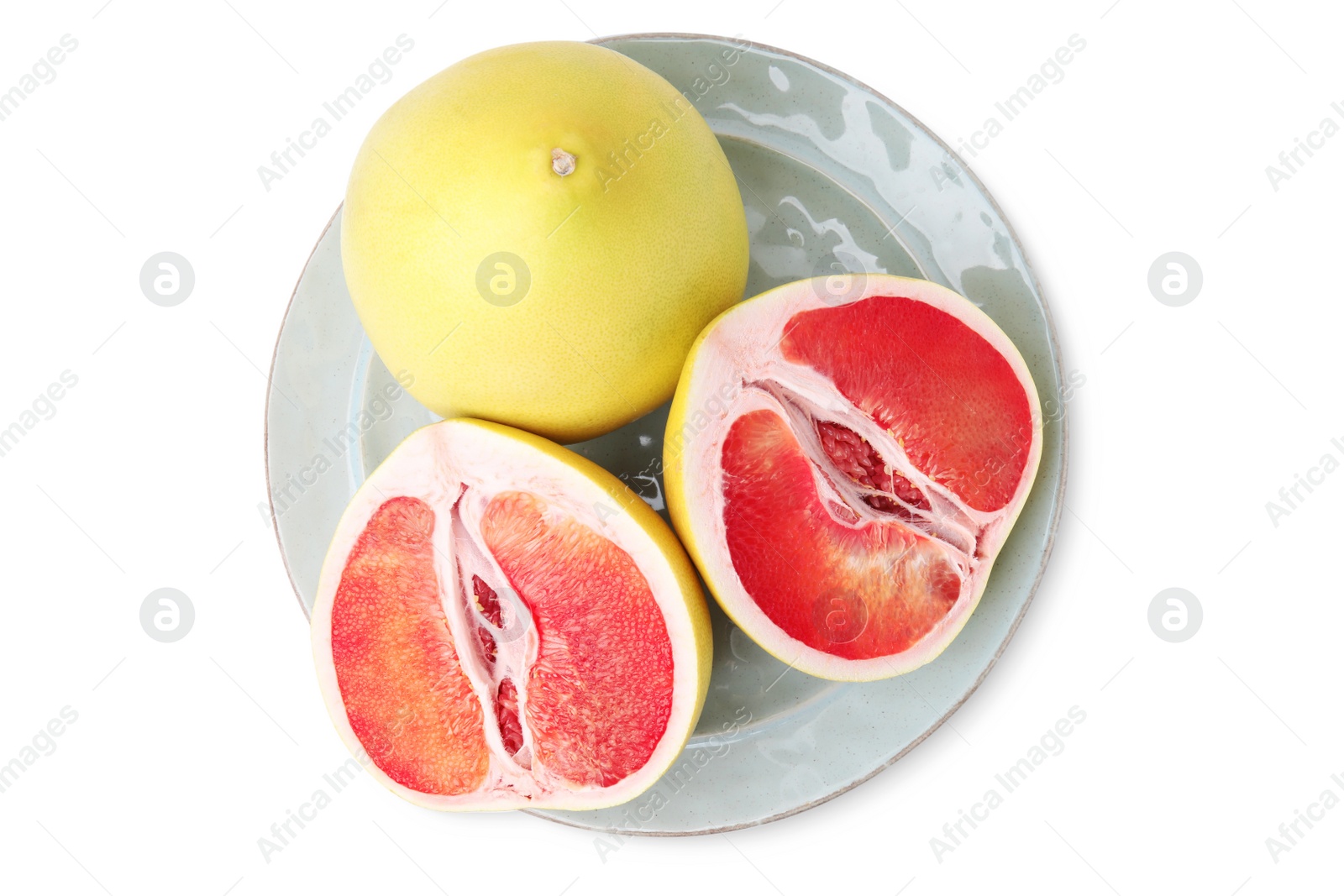 Photo of Tasty whole and cut pomelo fruits isolated on white, top view