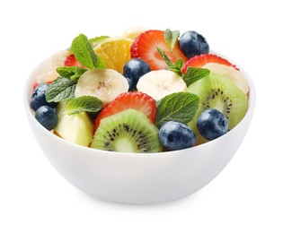 Tasty fruit salad in bowl isolated on white