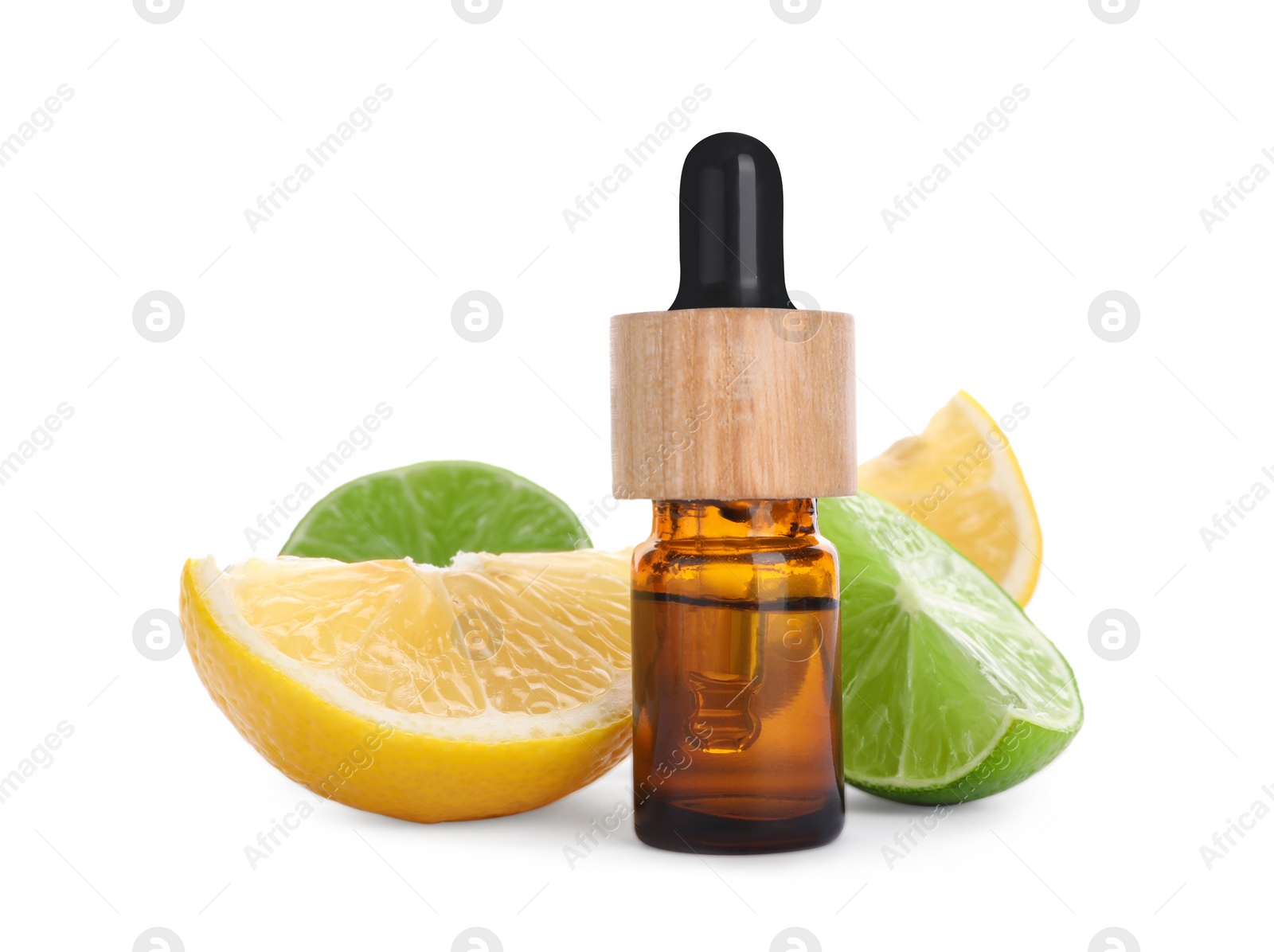 Photo of Bottle of citrus essential oil and cut fresh fruits isolated on white