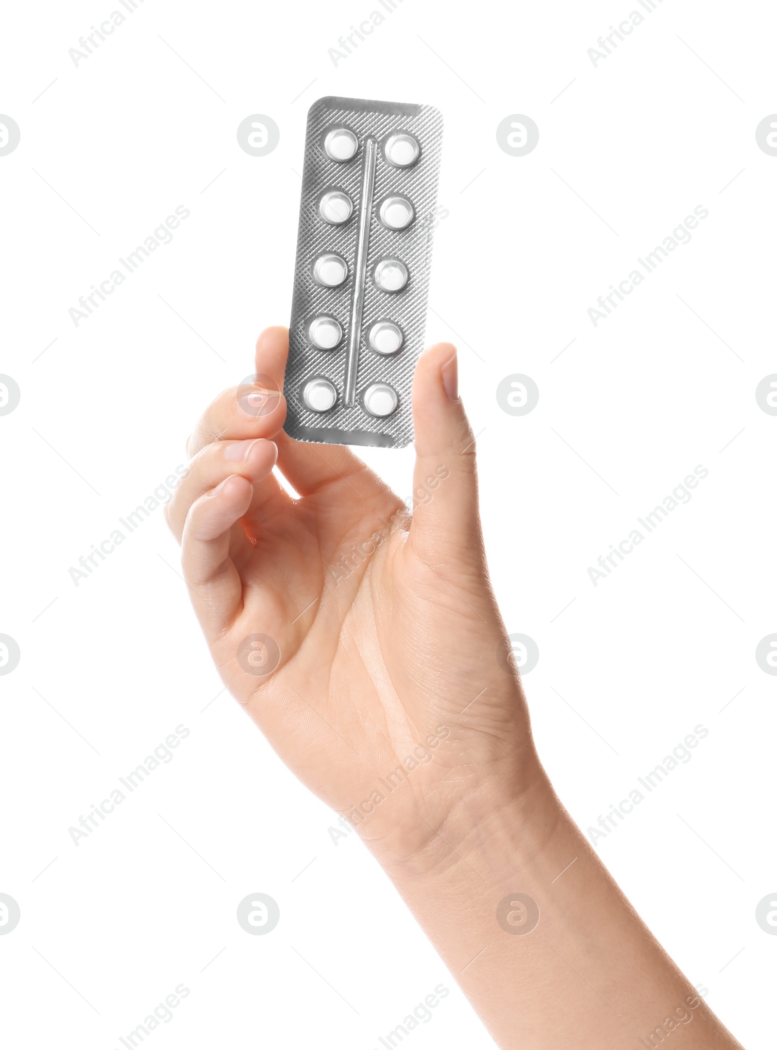 Photo of Woman holding pills in blister pack on white background, closeup