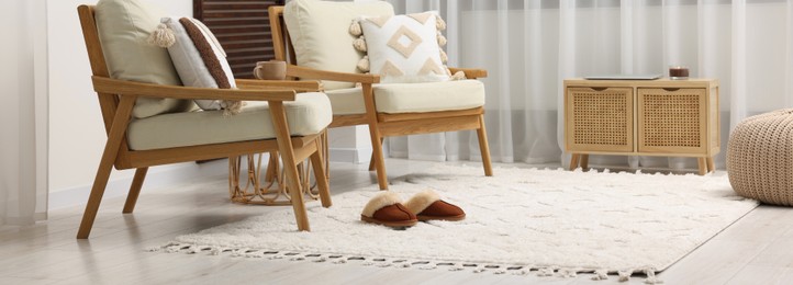 Image of Stylish living room interior with soft white carpet and furniture. Banner design