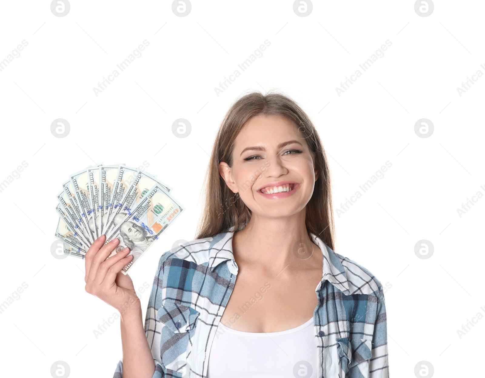 Photo of Portrait of happy young woman with money on white background