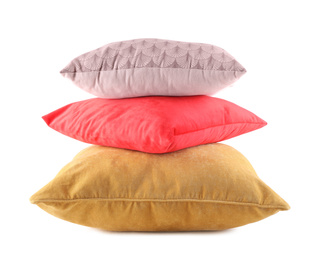 Photo of Stack of new soft pillows isolated on white
