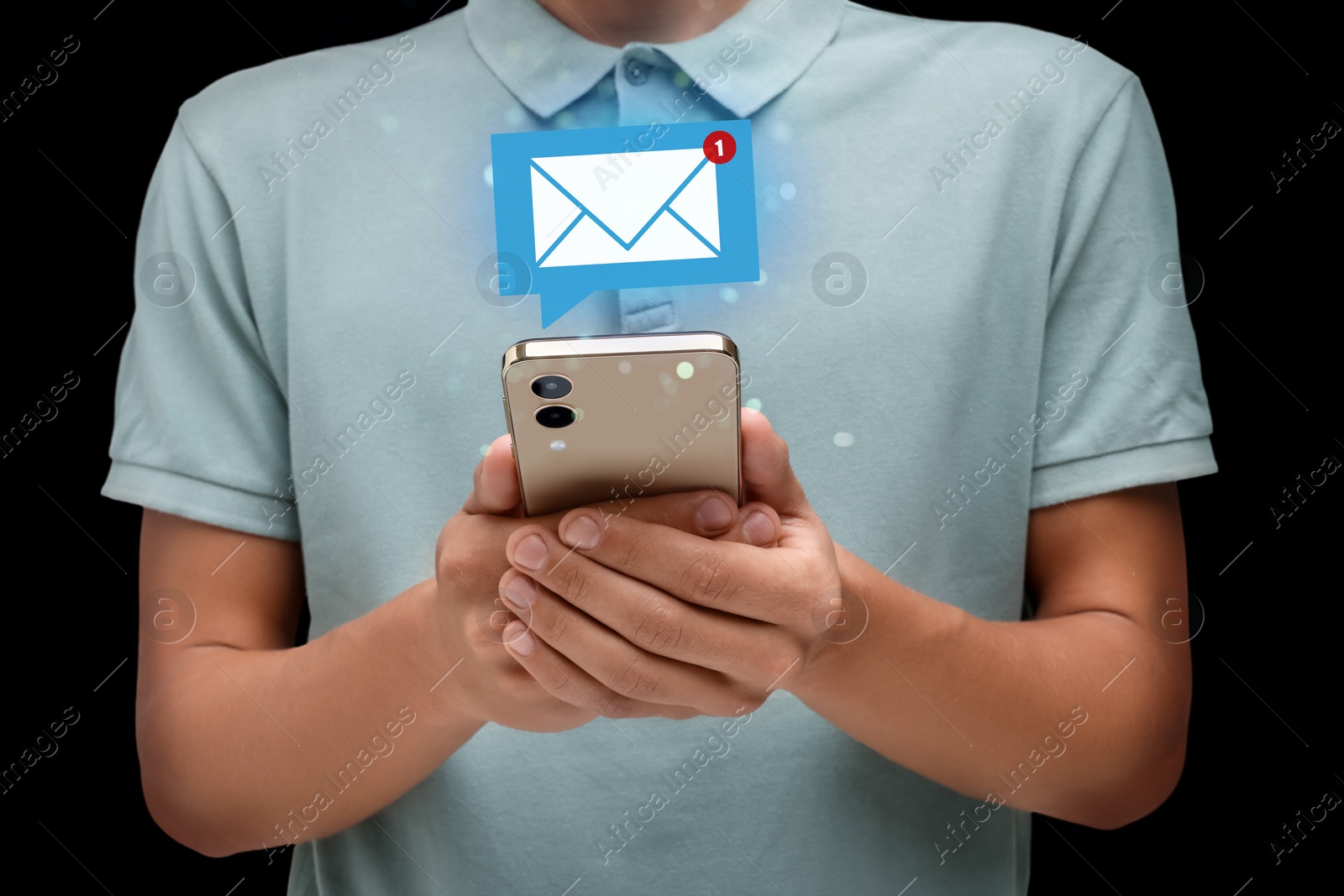 Image of Email. Man using mobile phone on black background, closeup. Letter illustration over device