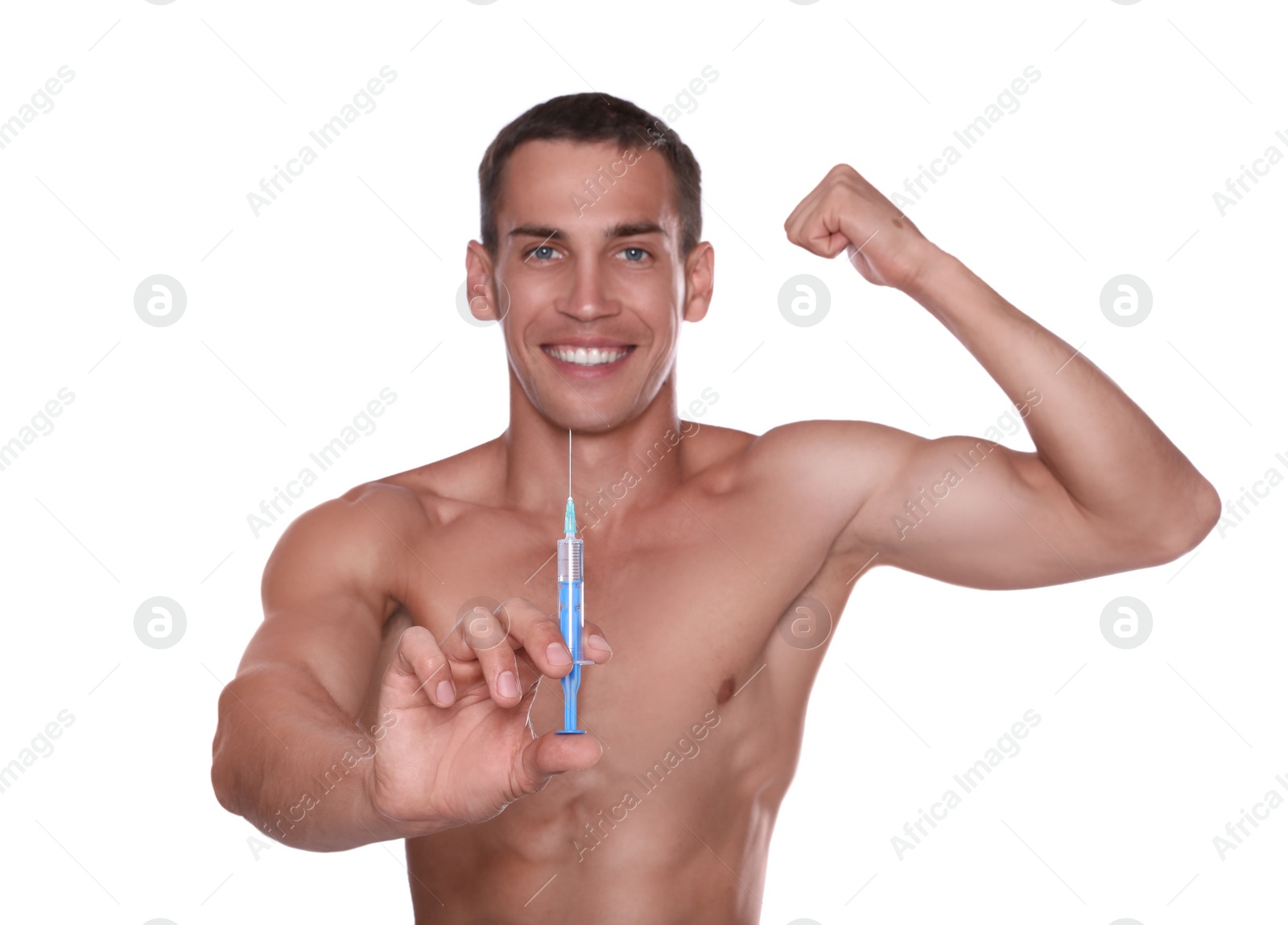 Photo of Athletic man with syringe against white background, focus on hand. Doping concept