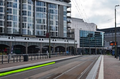 View of empty tram station. Public transport