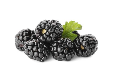 Tasty ripe blackberries and leaf on white background