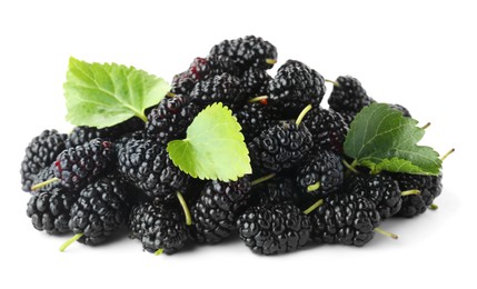 Photo of Pile of ripe black mulberries on white background