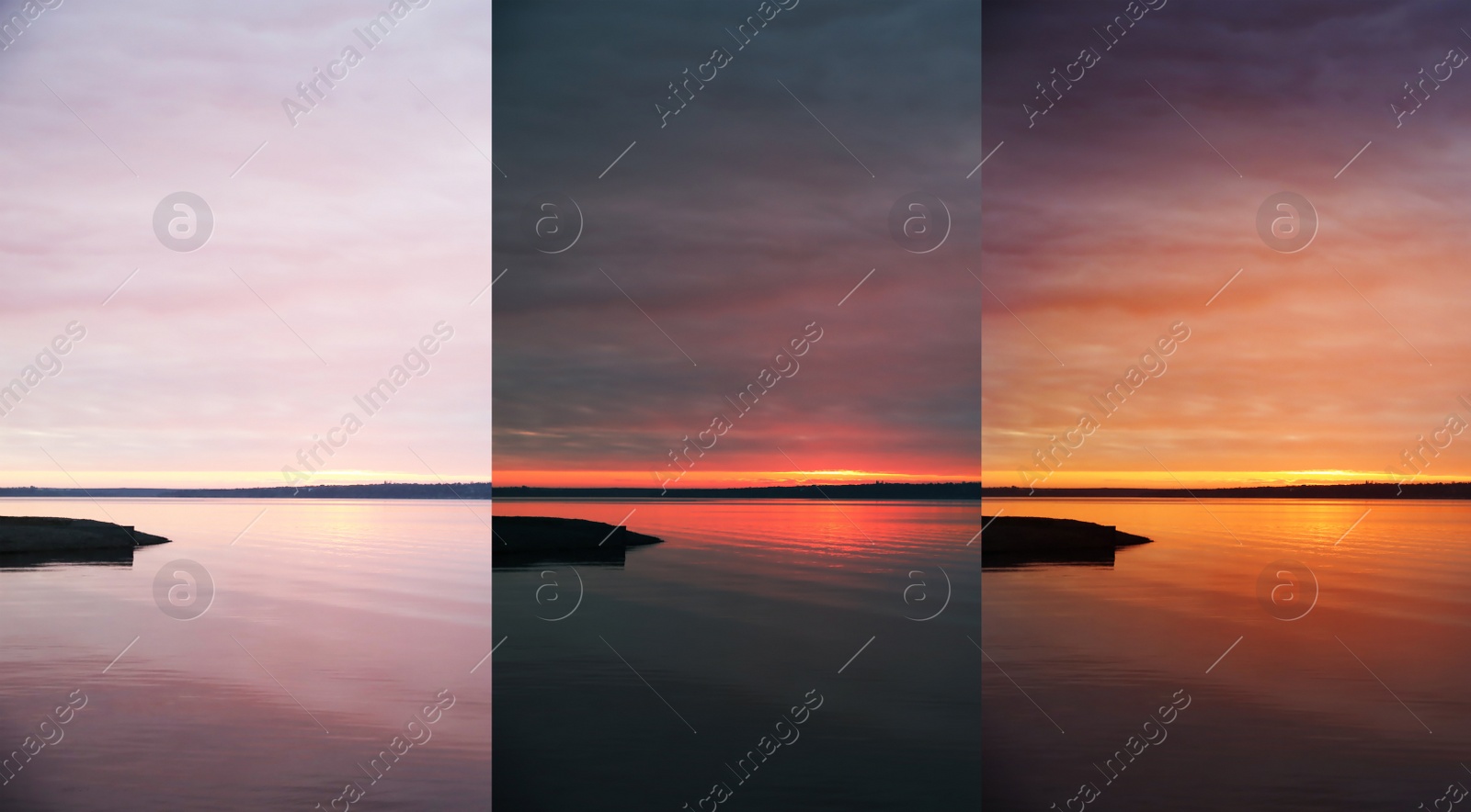 Image of Photos before and after retouch, collage. Picturesque view of sunset at river 