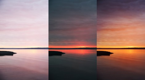 Image of Photos before and after retouch, collage. Picturesque view of sunset at river 