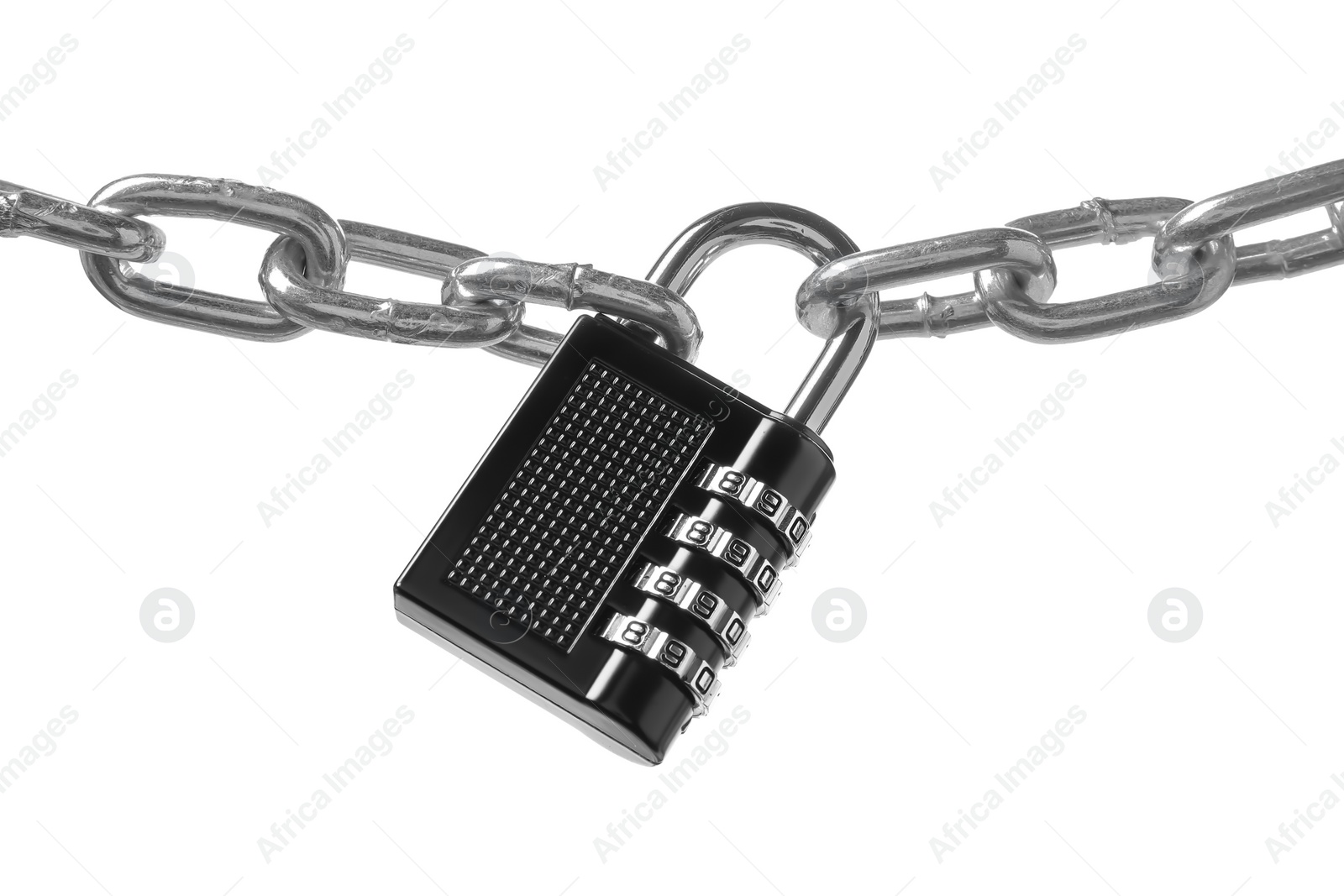 Photo of Steel combination padlock and chain isolated on white