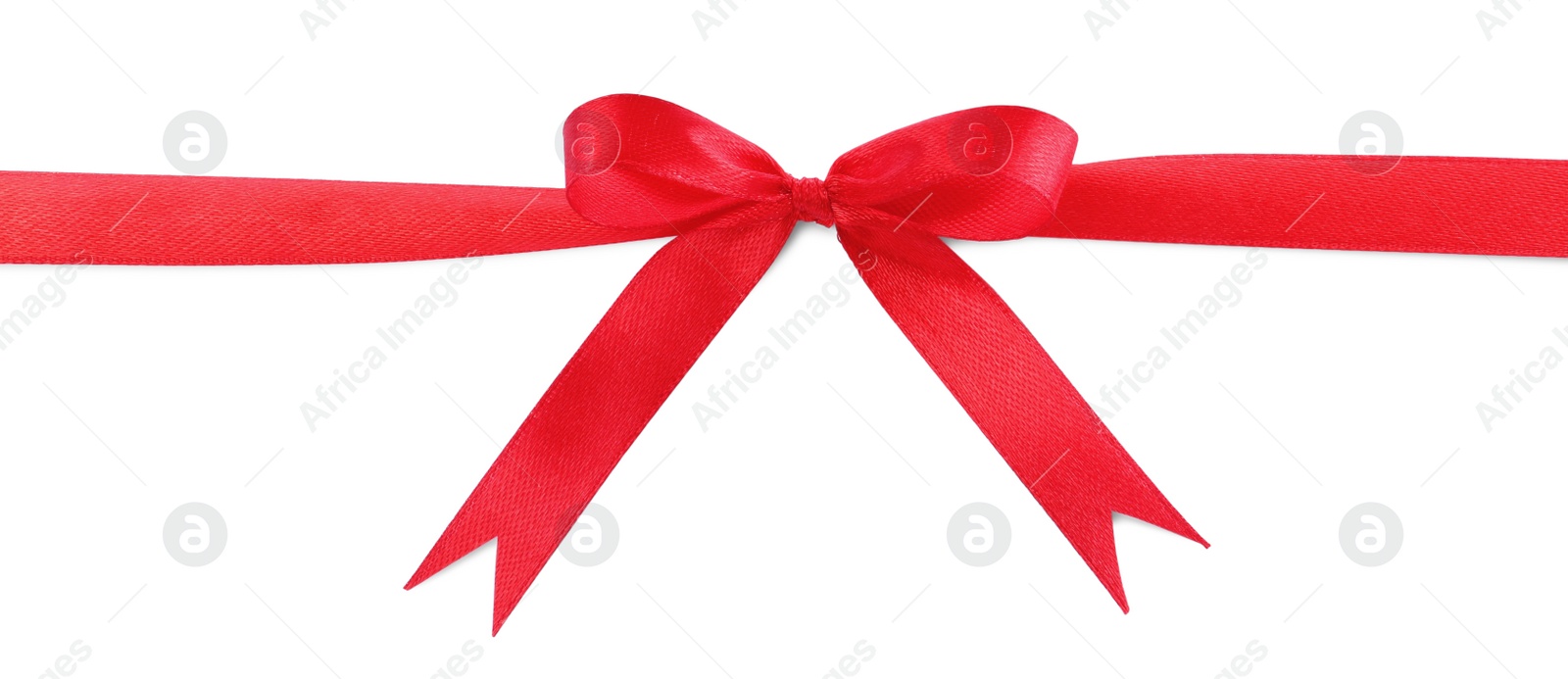 Photo of Red satin ribbon with bow on white background, top view