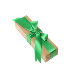 Photo of Gift box with green bow isolated on white