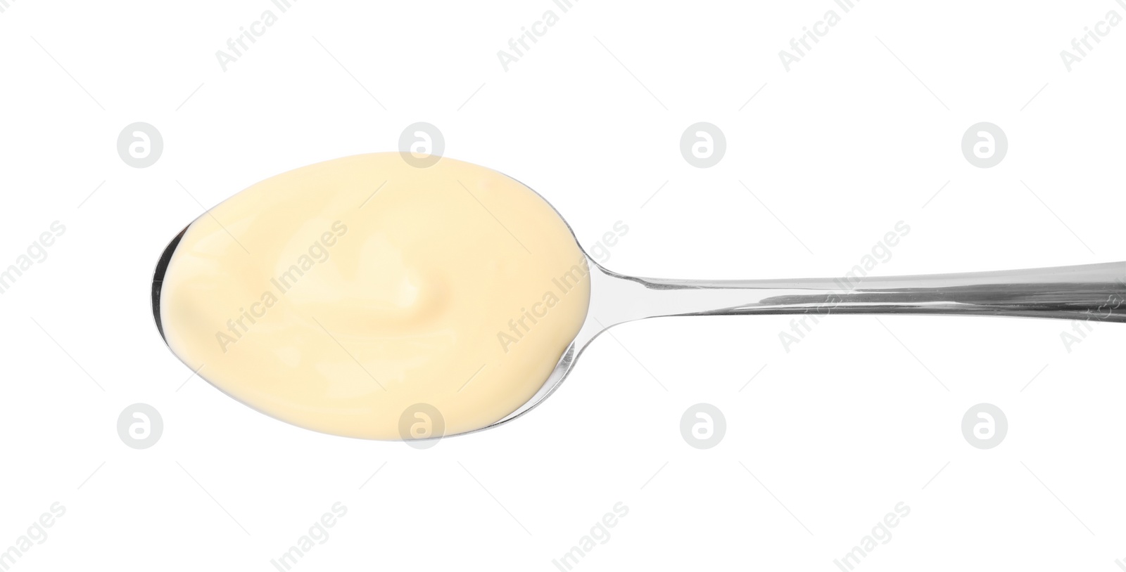 Photo of Spoon with delicious cheese sauce isolated on white, top view