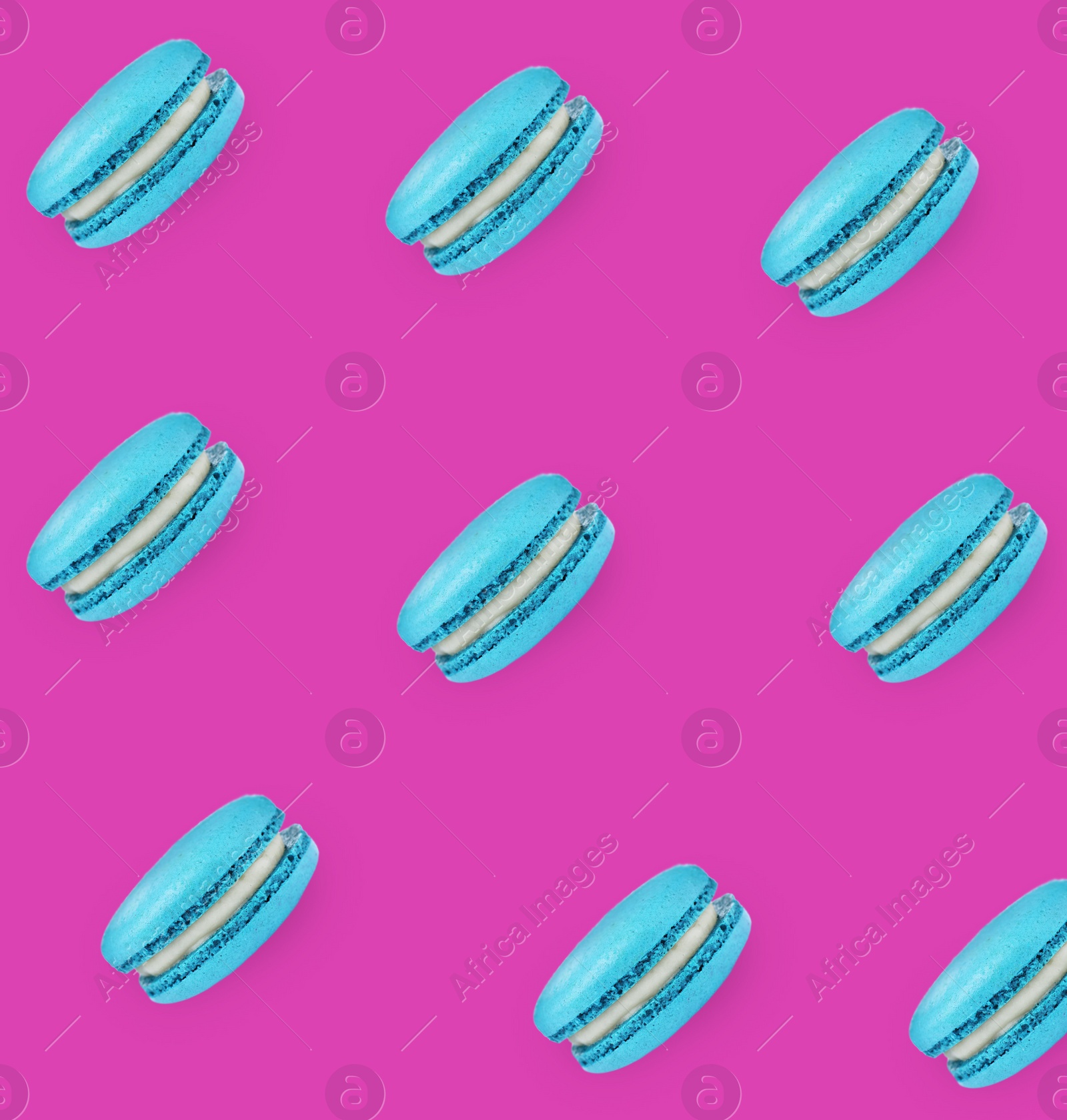 Image of Delicious macarons on pink background, flat lay 