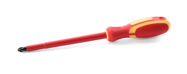Photo of Red screwdriver on white background. Electrician's tool