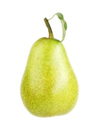 Photo of One ripe pear with leaf on white background