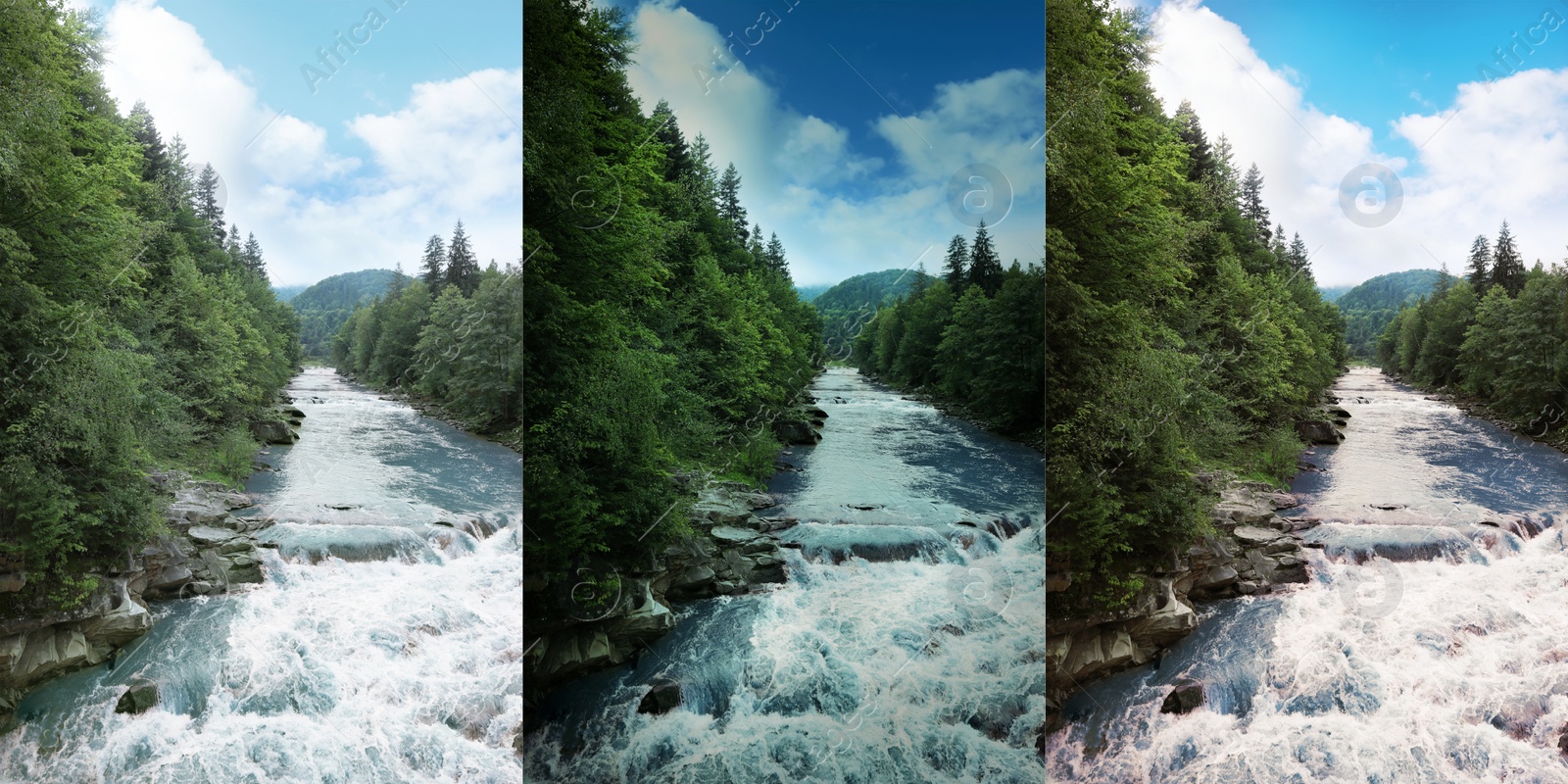 Image of Photos before and after retouch, collage. Wild mountain river flowing along rocky banks in forest