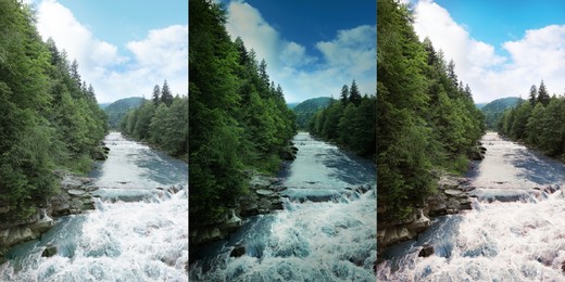 Photos before and after retouch, collage. Wild mountain river flowing along rocky banks in forest