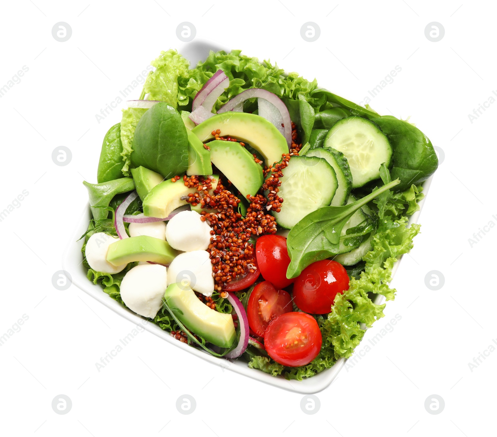 Image of Delicious salad with avocado and quinoa on white background, top view