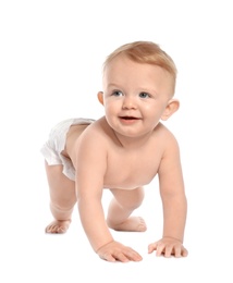 Cute little baby crawling on white background