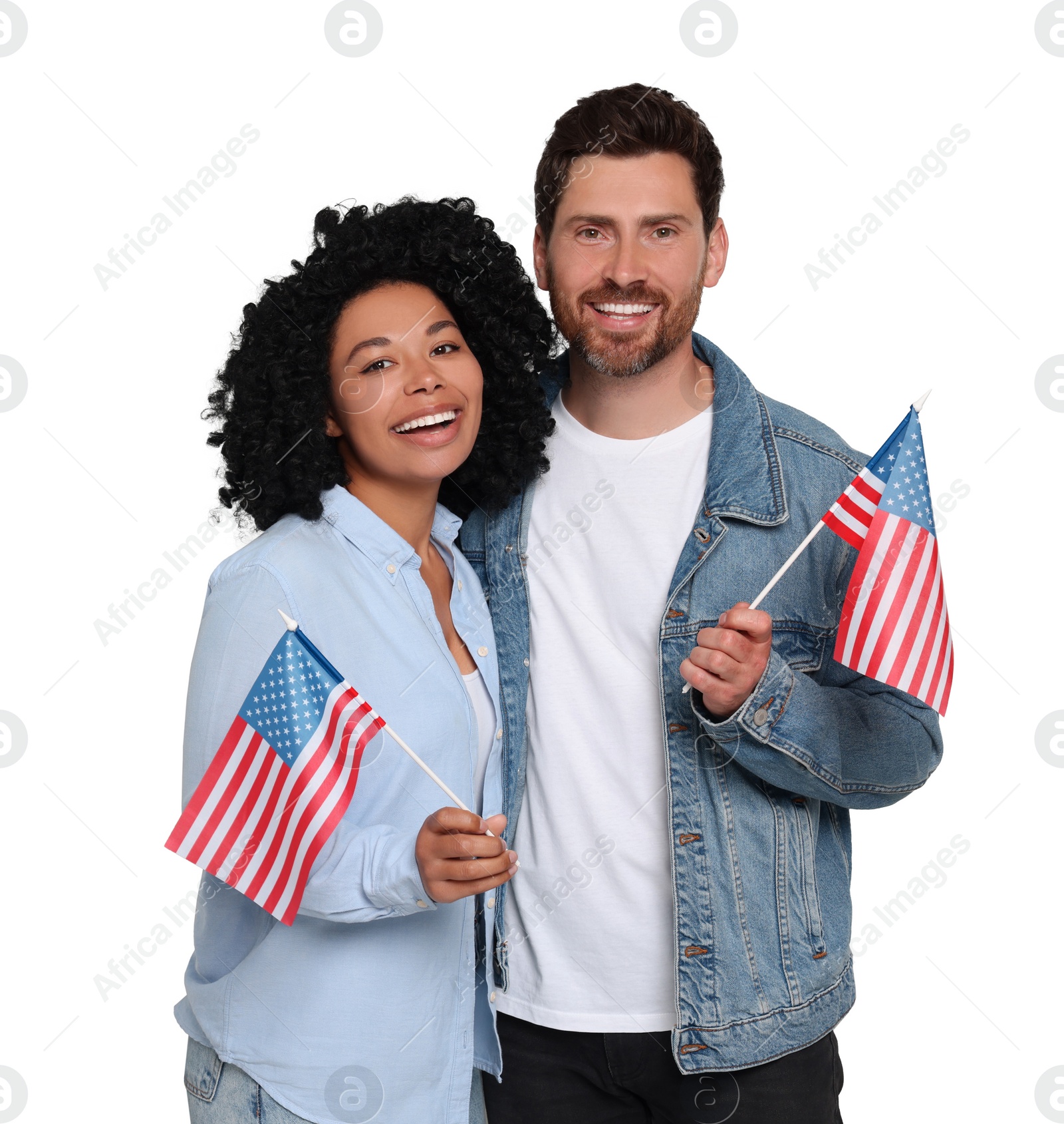 Image of 4th of July - Independence day of America. Happy couple with national flags of United States on white background