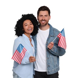 Image of 4th of July - Independence day of America. Happy couple with national flags of United States on white background