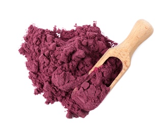 Photo of Acai powder and wooden scoop on white background, top view