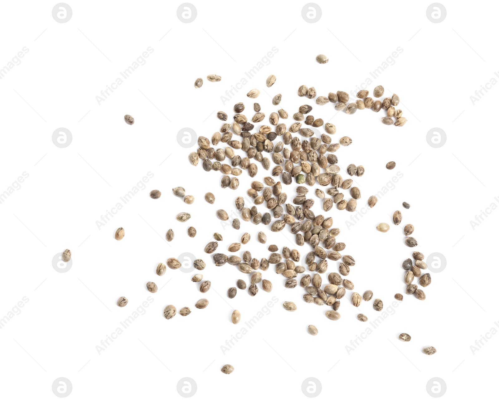 Photo of Hemp seeds on white background, top view