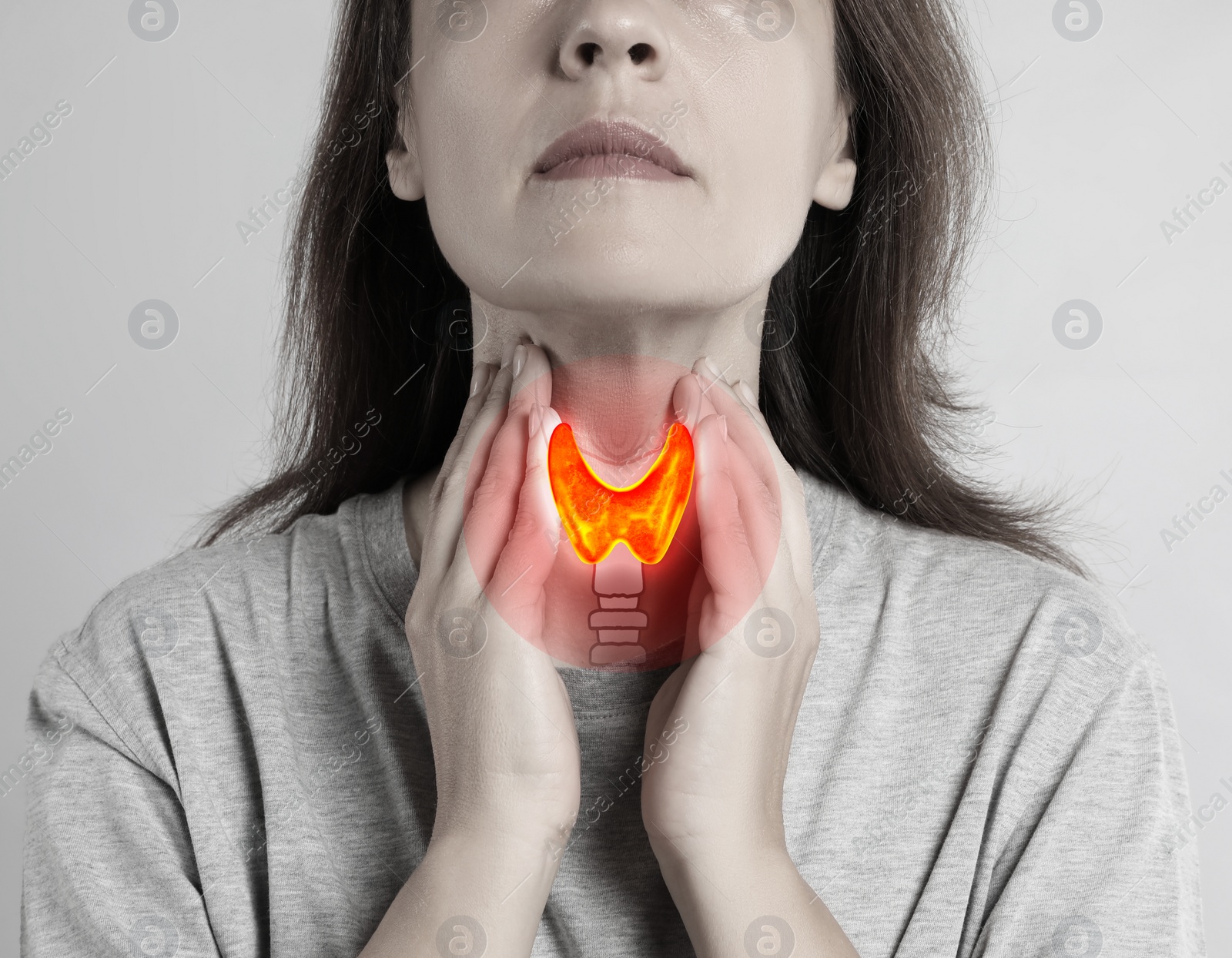Image of Woman and illustration of thyroid gland on grey background
