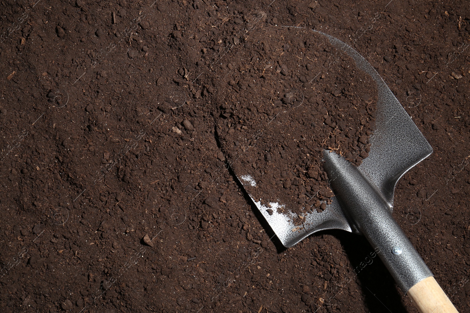 Metal shovel on fertile soil, top view and space for text. Gardening tool Photo of Metal shovel on fertile soil, top view and space for text. Gardening tool