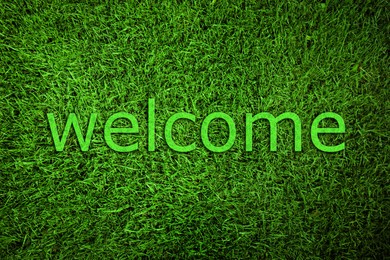 Image of Word WELCOME and green grass, top view