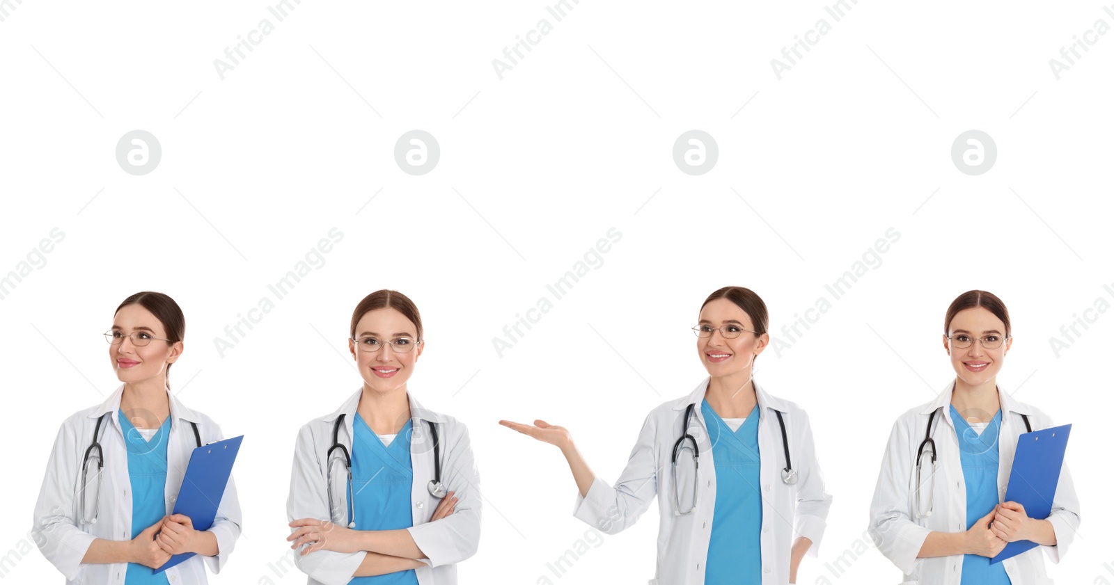 Image of Collage with photos of doctor on white background, banner design