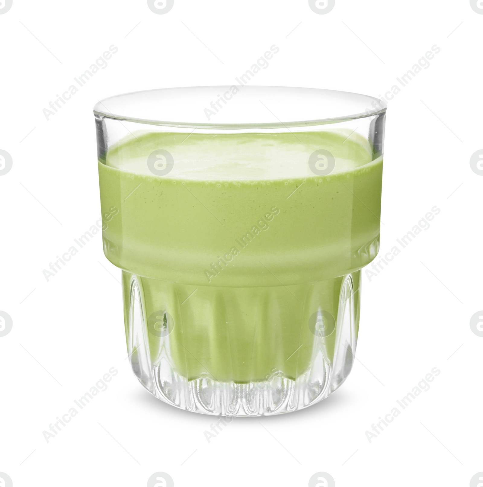 Photo of Glass of tasty matcha smoothie isolated on white