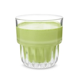 Glass of tasty matcha smoothie isolated on white