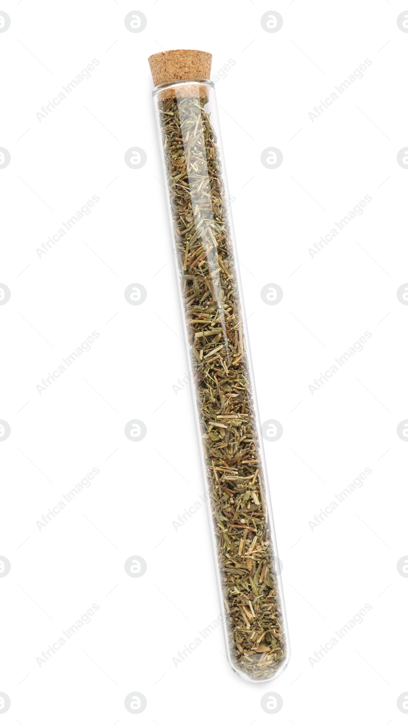 Photo of Glass tube with Italian herb mix on white background, top view