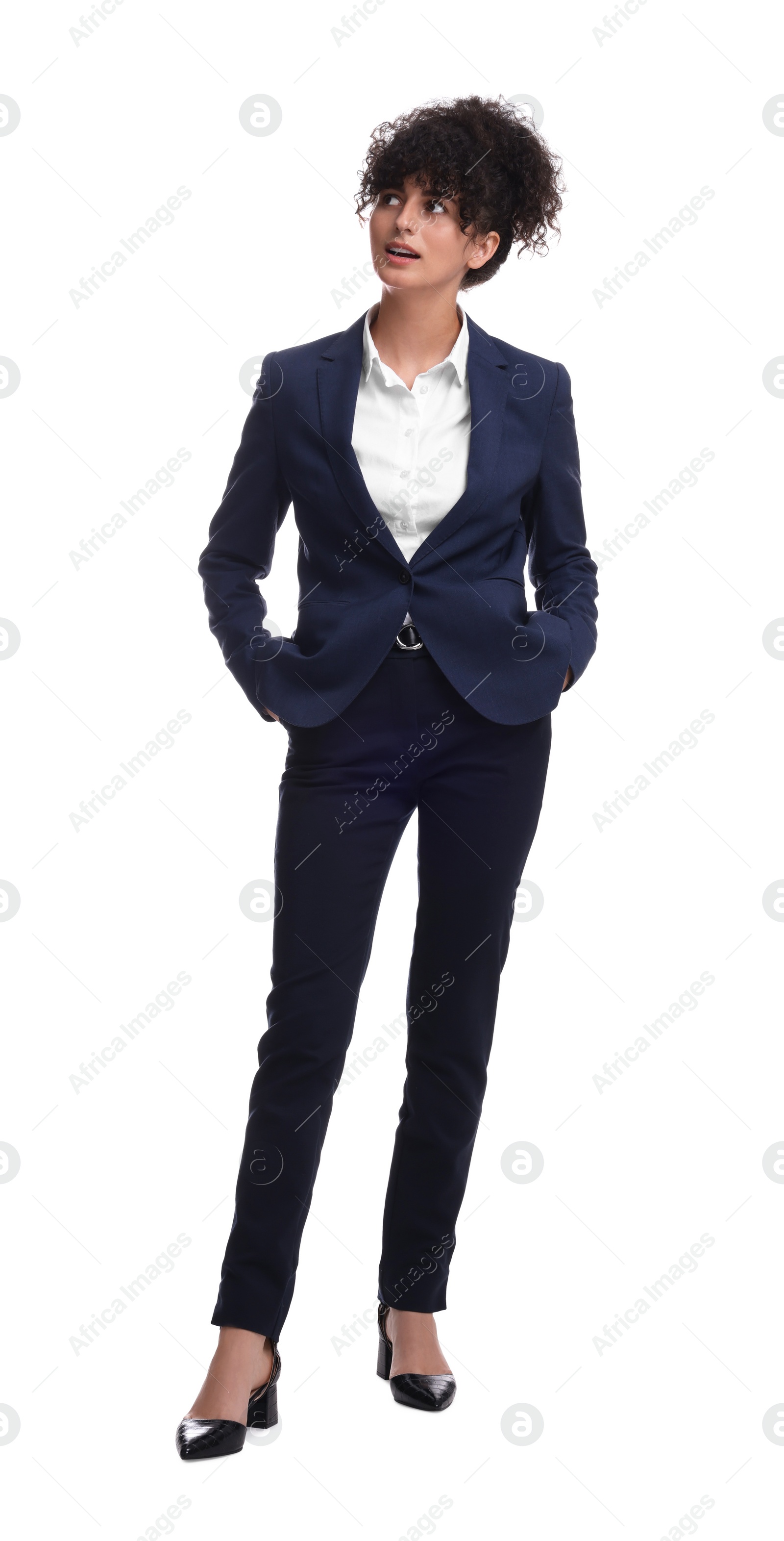 Photo of Beautiful young businesswoman in suit on white background