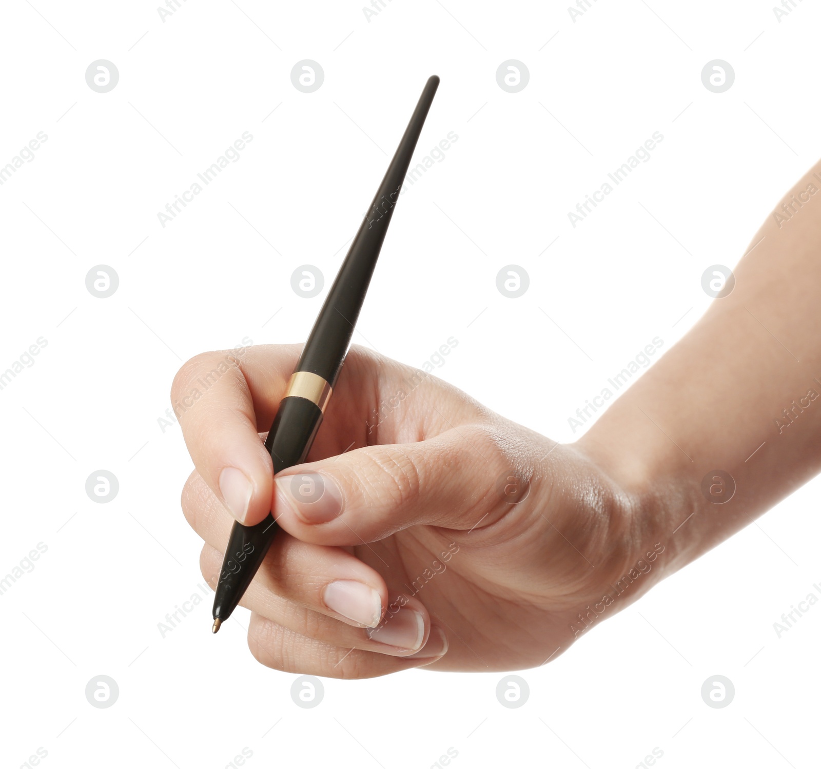 Photo of Woman holding pen on white background, closeup