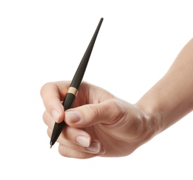 Woman holding pen on white background, closeup