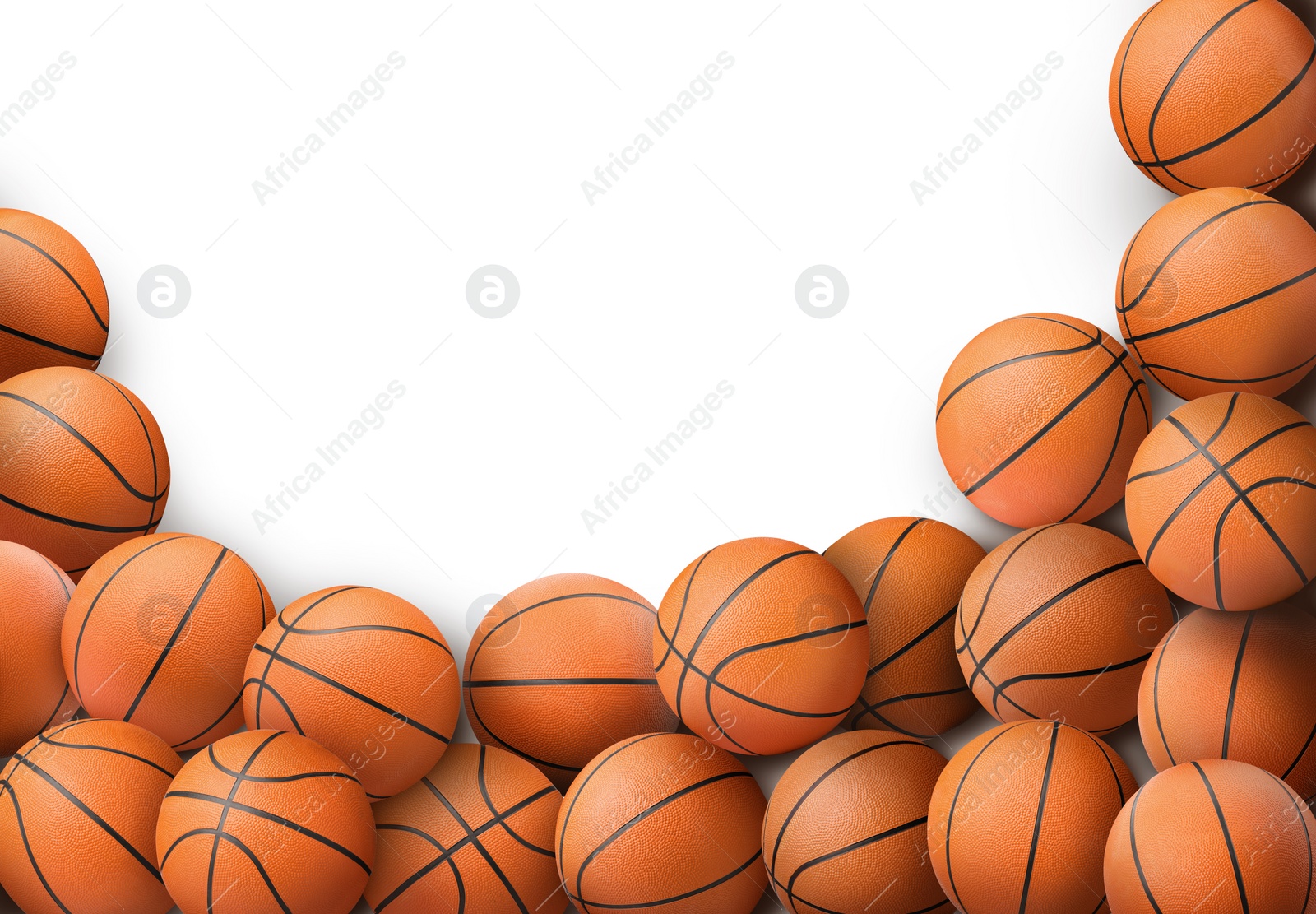 Image of Many orange basketball balls on white background 
