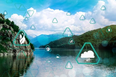 Image of Digital eco icons and beautiful lake surrounded by mountains 