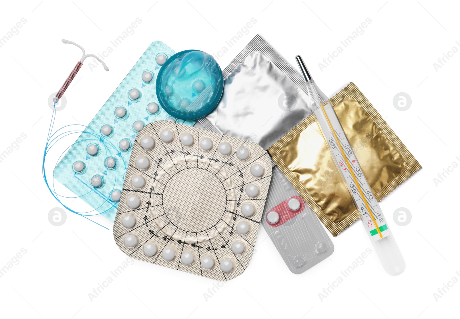 Photo of Contraceptive pills, condoms, intrauterine device and thermometer isolated on white, top view. Different birth control methods