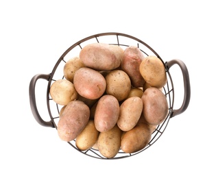 Photo of Basket with fresh ripe organic potatoes on white background, top view