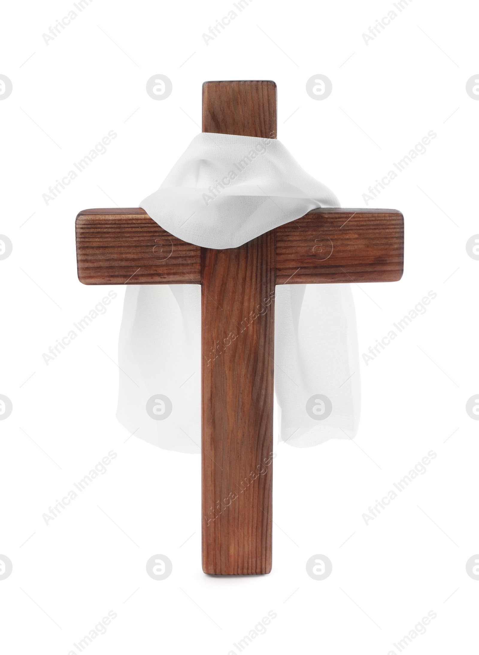 Photo of Wooden cross and cloth on white background. Easter attributes